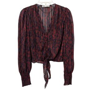 Zara Sheer Snakeskin Print Top Women Size XS Cropped Front Tie Boho Romantic Y2K